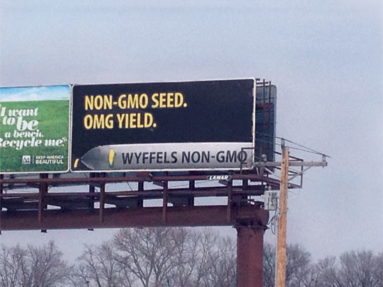 Wyffels Hybrids advertises for its non-GMO corn seed on a billboard in Iowa