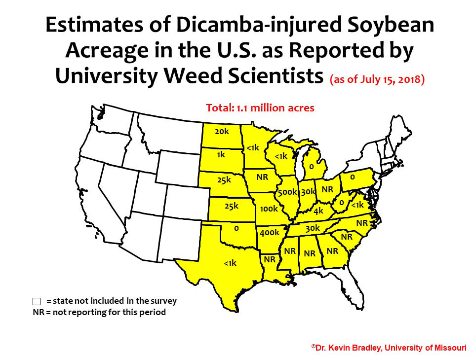 US map showing dicamba damage