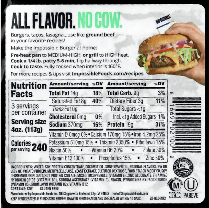 Impossible Burger nutrition chart