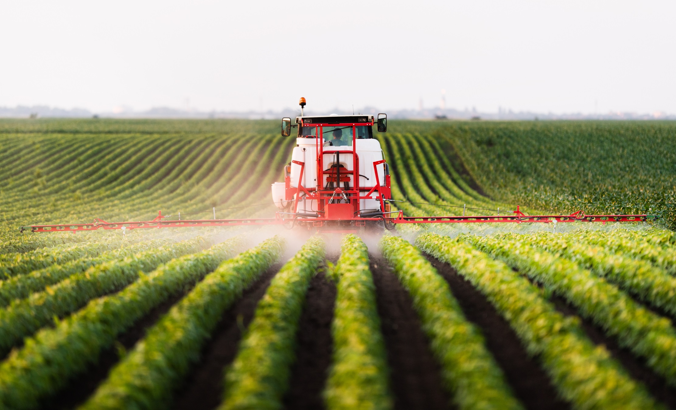 Tractor spraying pesticide in field