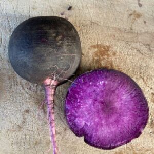 (Black Amethyst Winter Radish Grown by Ferme Tourne Sol. Organic Seed Available for Purchase OnlinePhoto by Ferme Tourne Sol https://fermetournesol.qc.ca/products/br507?_pos=5&_sid=4d0639757&_ss=r)